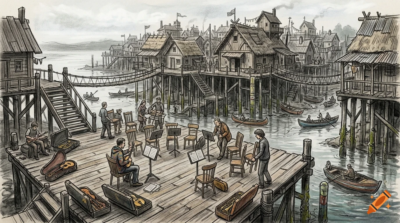 An ink and pencil illustration of musicians setting up instruments and chairs on a wooden dock in a coastal village with stilt houses.