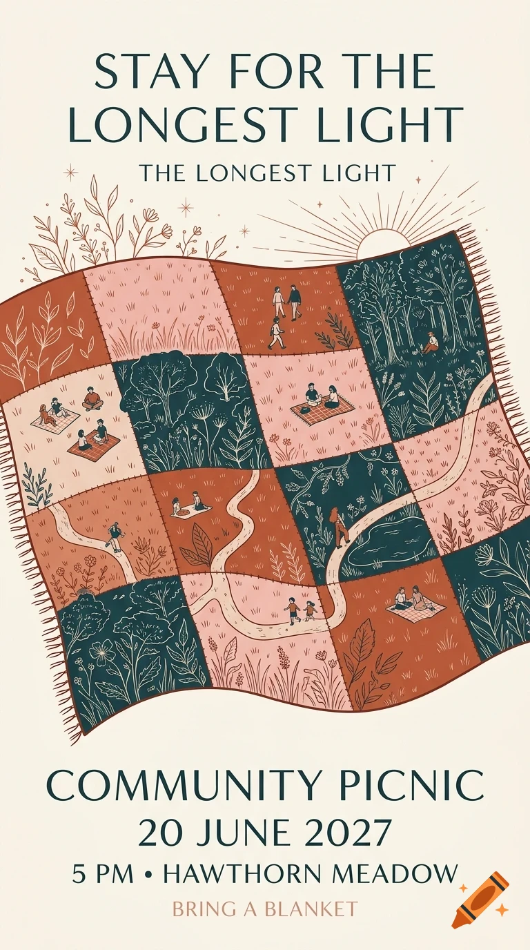 An illustrated poster depicting a patchwork blanket showing miniature scenes of people picnicking, walking paths, and nature, with text reading STAY FOR THE LONGEST LIGHT and COMMUNITY PICNIC 20 JUNE 2027.