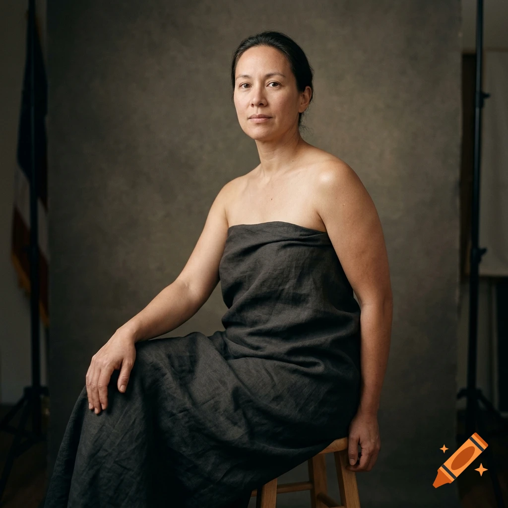 Photorealistic studio portrait of a woman wrapped in a dark grey fabric sitting on a stool.