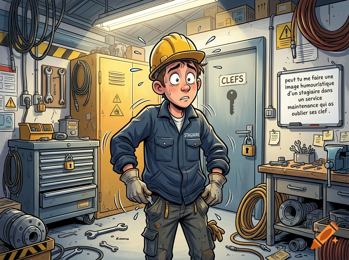 Comic style illustration of a sweaty, panicked mechanic in a cluttered workshop checking his pockets for keys.