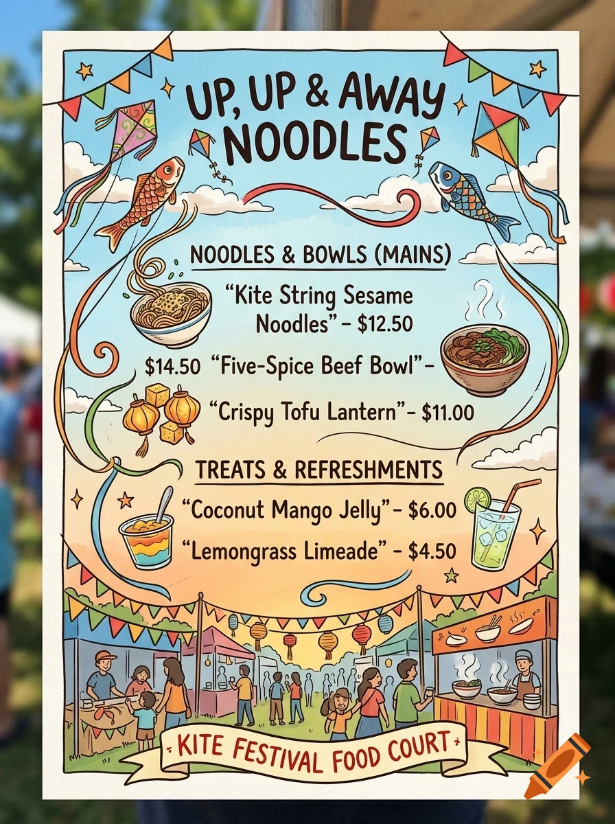 An illustrated food menu poster titled UP, UP & AWAY NOODLES featuring cartoon food items, kites, and festival stalls.