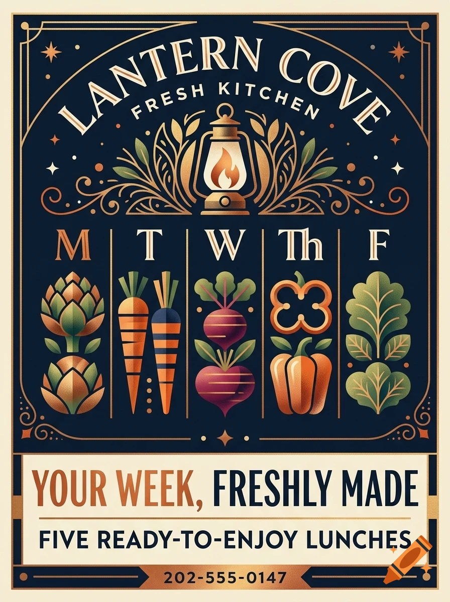 A stylized vector design with a dark background featuring the text LANTERN COVE FRESH KITCHEN, a lantern icon, columns for days of the week labeled M, T, W, Th, F with various vegetables below them, and promotional text at the bottom.