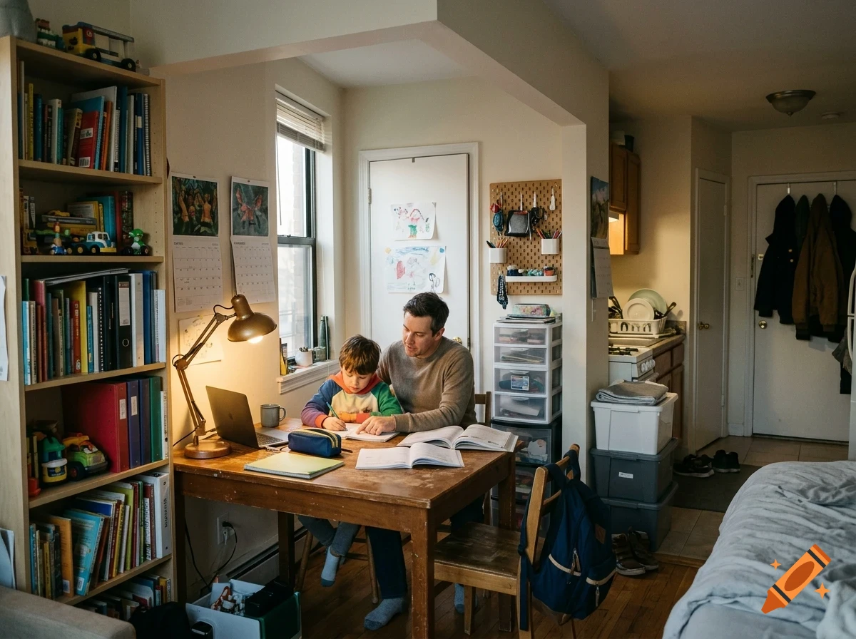 A man and a young boy sitting at a wooden desk doing homework together in an apartment living room.