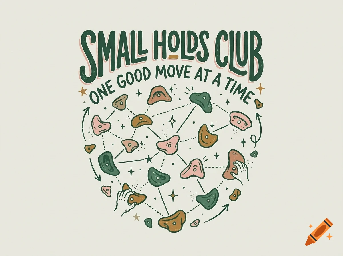 An illustration featuring climbing holds, connecting lines, hands gripping holds, and the text SMALL HOLDS CLUB ONE GOOD MOVE AT A TIME.