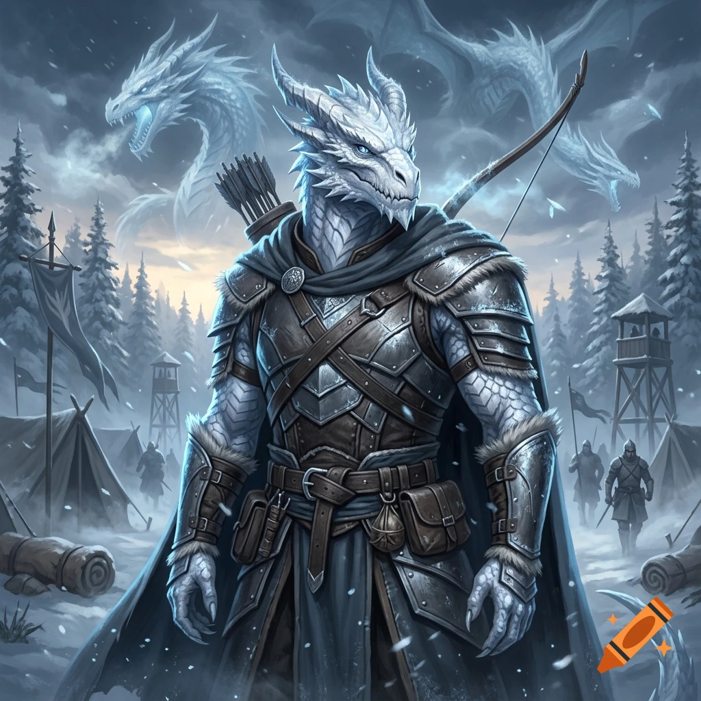 Digital illustration of a white dragonborn ranger in armor holding a bow in a snowy forest with soldiers and ice dragons in the sky.