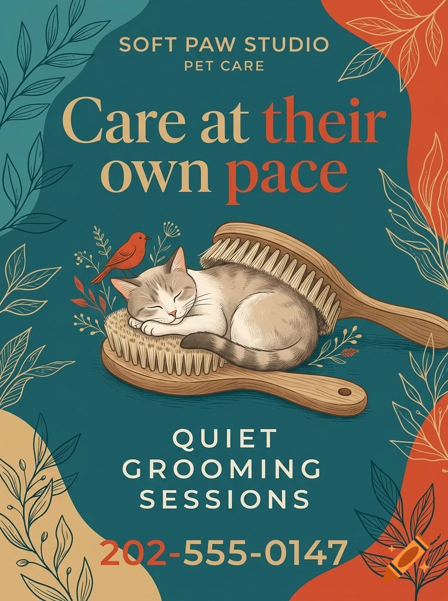 An illustrated poster for Soft Paw Studio Pet Care showing a sleeping cat curled up on a grooming brush with a small red bird and text reading Care at their own pace.