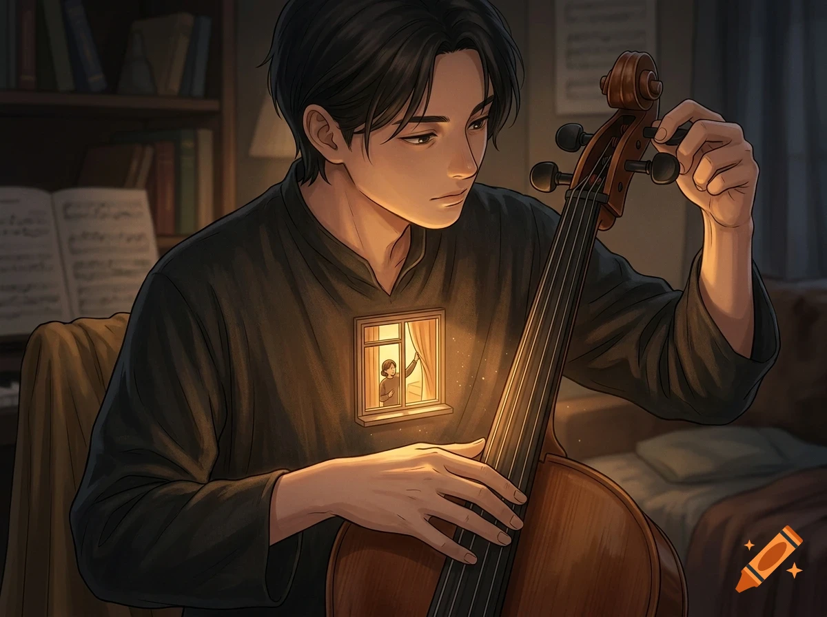 An anime-style illustration of a young man tuning a cello, with a glowing window on his chest revealing a tiny figure inside.