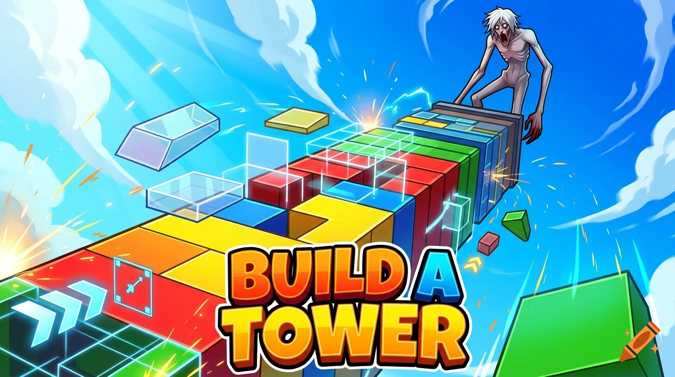 Digital illustration of a game thumbnail with a tower being built with colorful blocks and an SCP creature on top, against a blue sky.