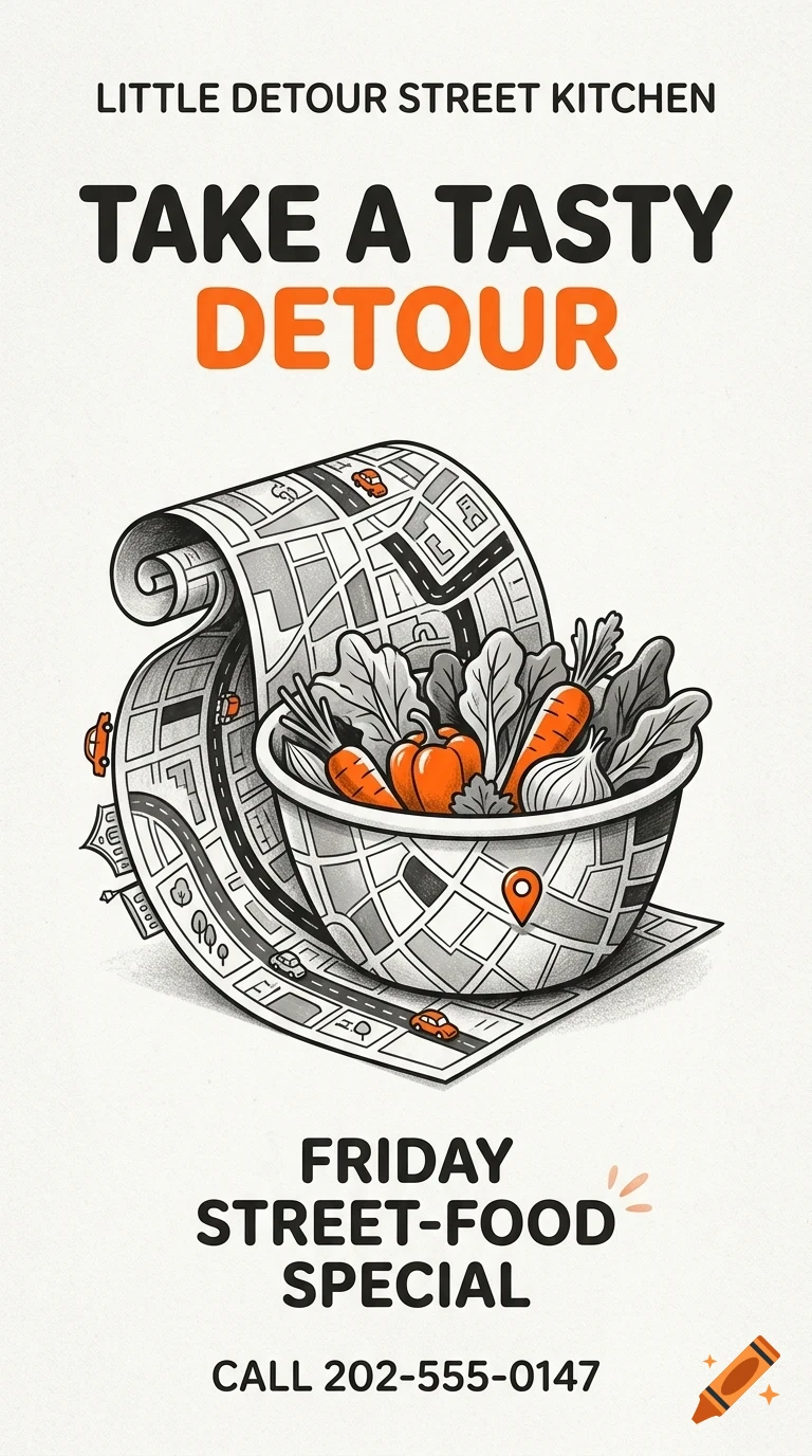 An illustration of a bowl filled with vegetables and a map unfurling behind it, with text above and below.