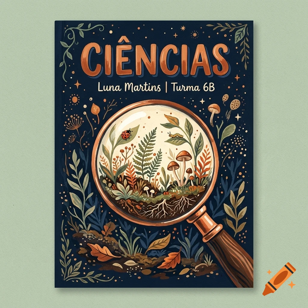 An illustrated book cover with the title CIÊNCIAS, featuring a magnifying glass showing plants, mushrooms, and a ladybug, surrounded by botanical illustrations on a dark background.