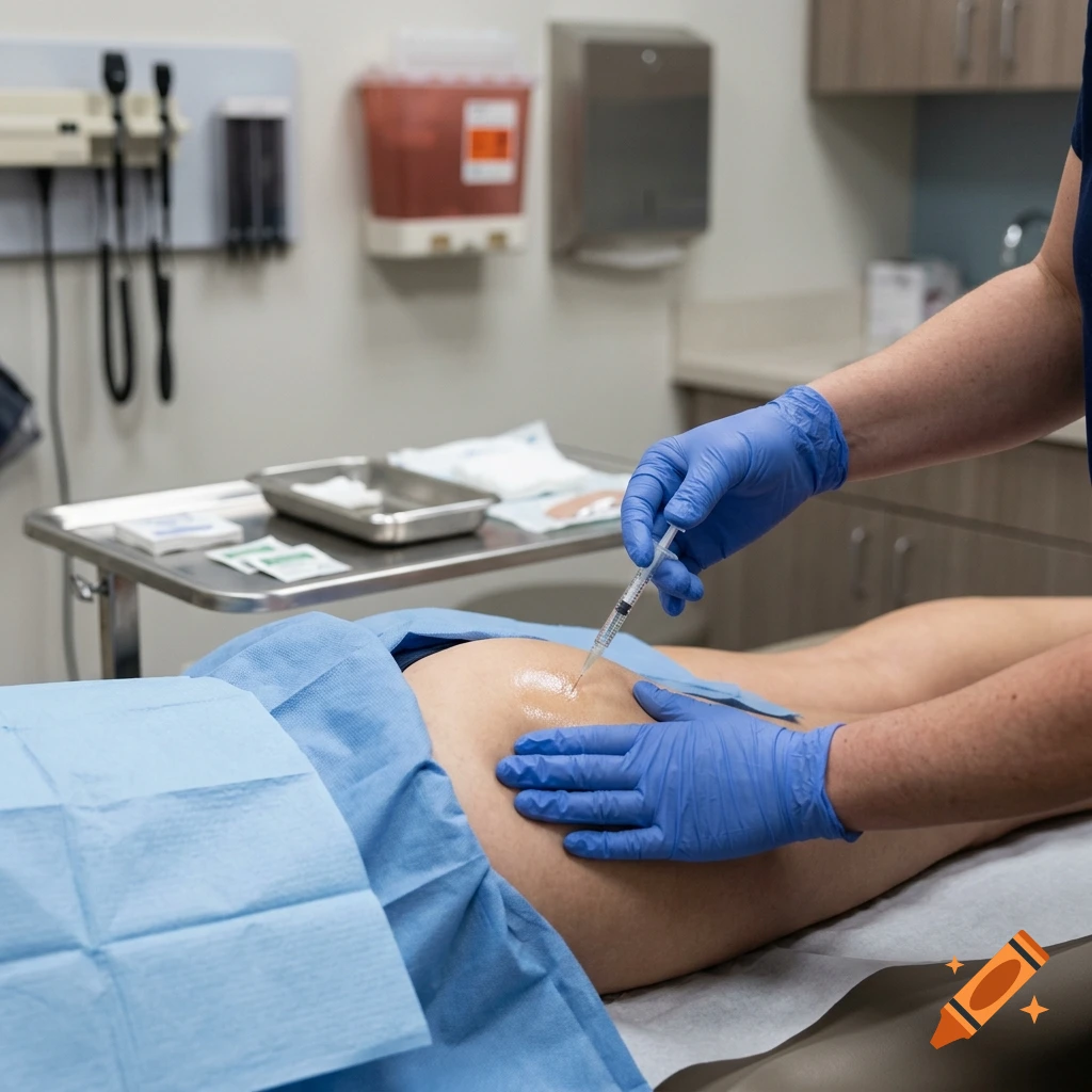 A medical professional in blue gloves administering an injection to a patient's buttock in a clinical setting.
