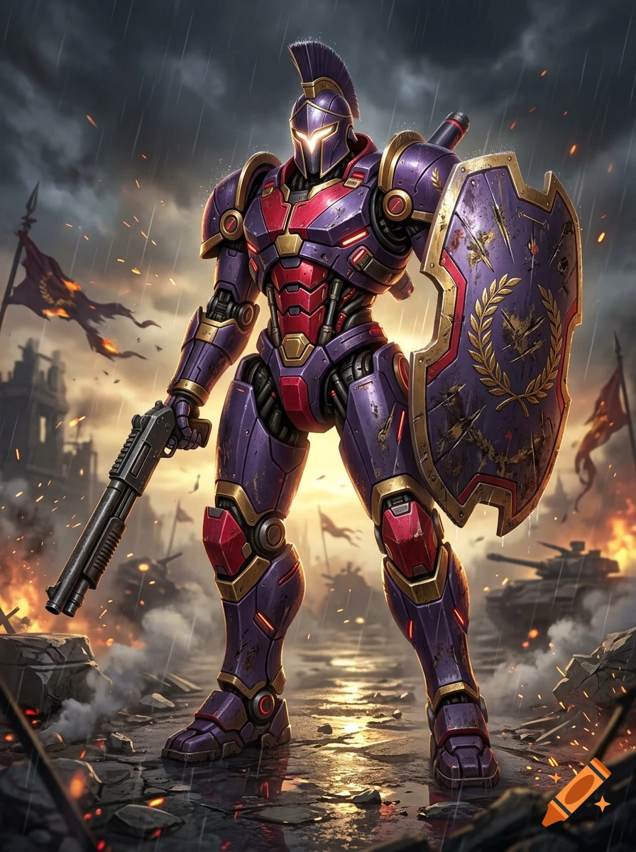 An Achilles-inspired sci-fi mech warrior in purple, red, and gold armor holding a tactical shotgun and shield, standing amidst a battlefield.