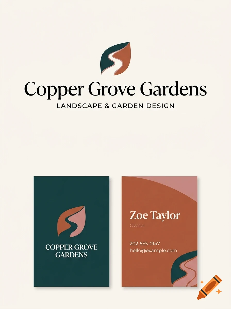 Branding design for Copper Grove Gardens featuring a leaf-like logo and two business cards with contact information.