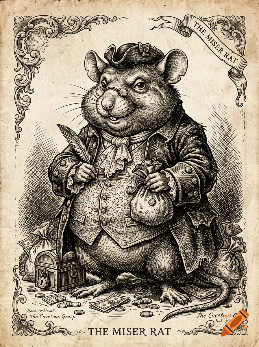 18th-century style engraving of a well-dressed, plump rat wearing spectacles and a tricorn hat, holding a bag of coins and a quill, surrounded by money bags and treasure.
