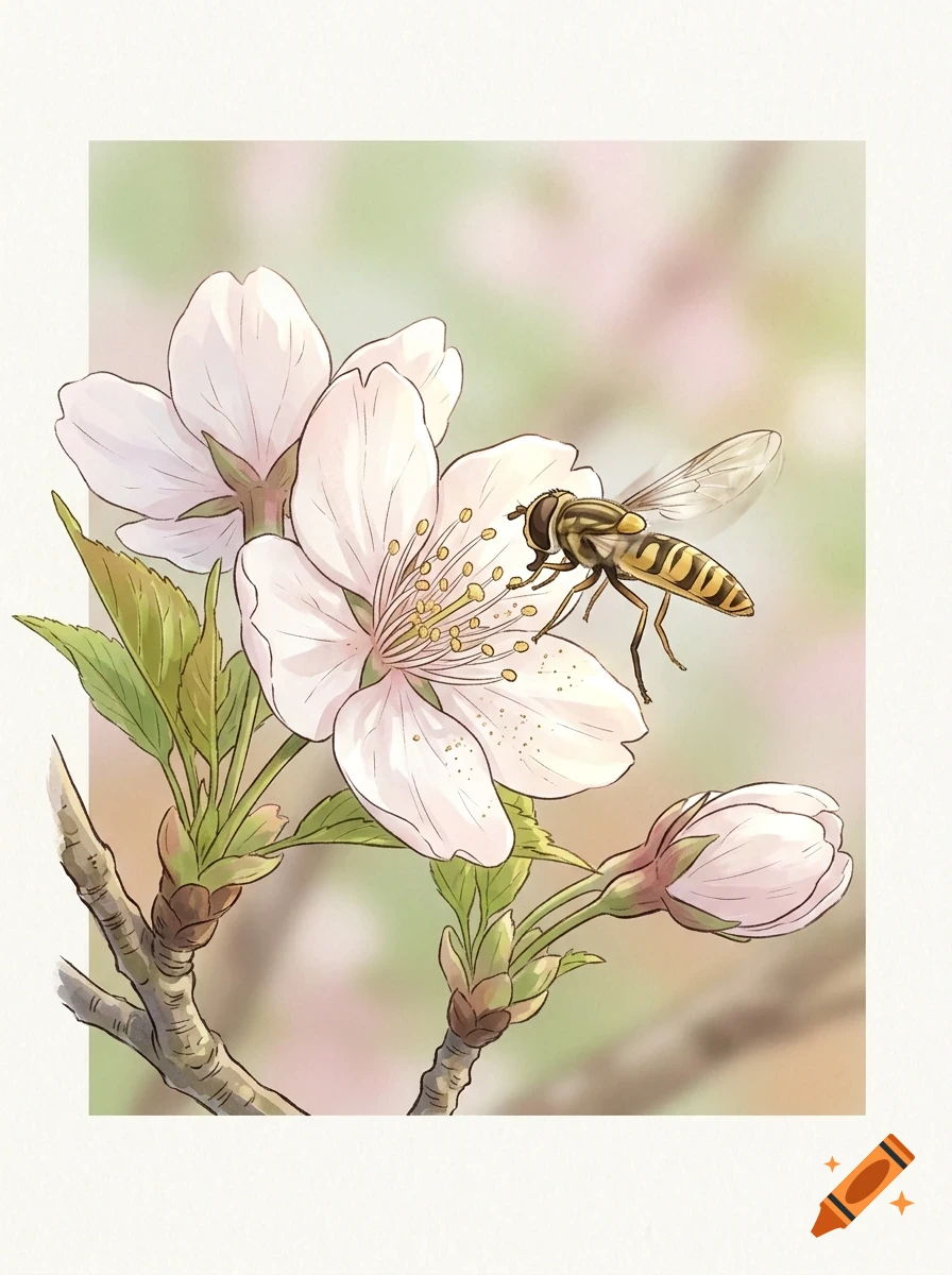 A hoverfly approaches a light pink cherry blossom flower on a branch.