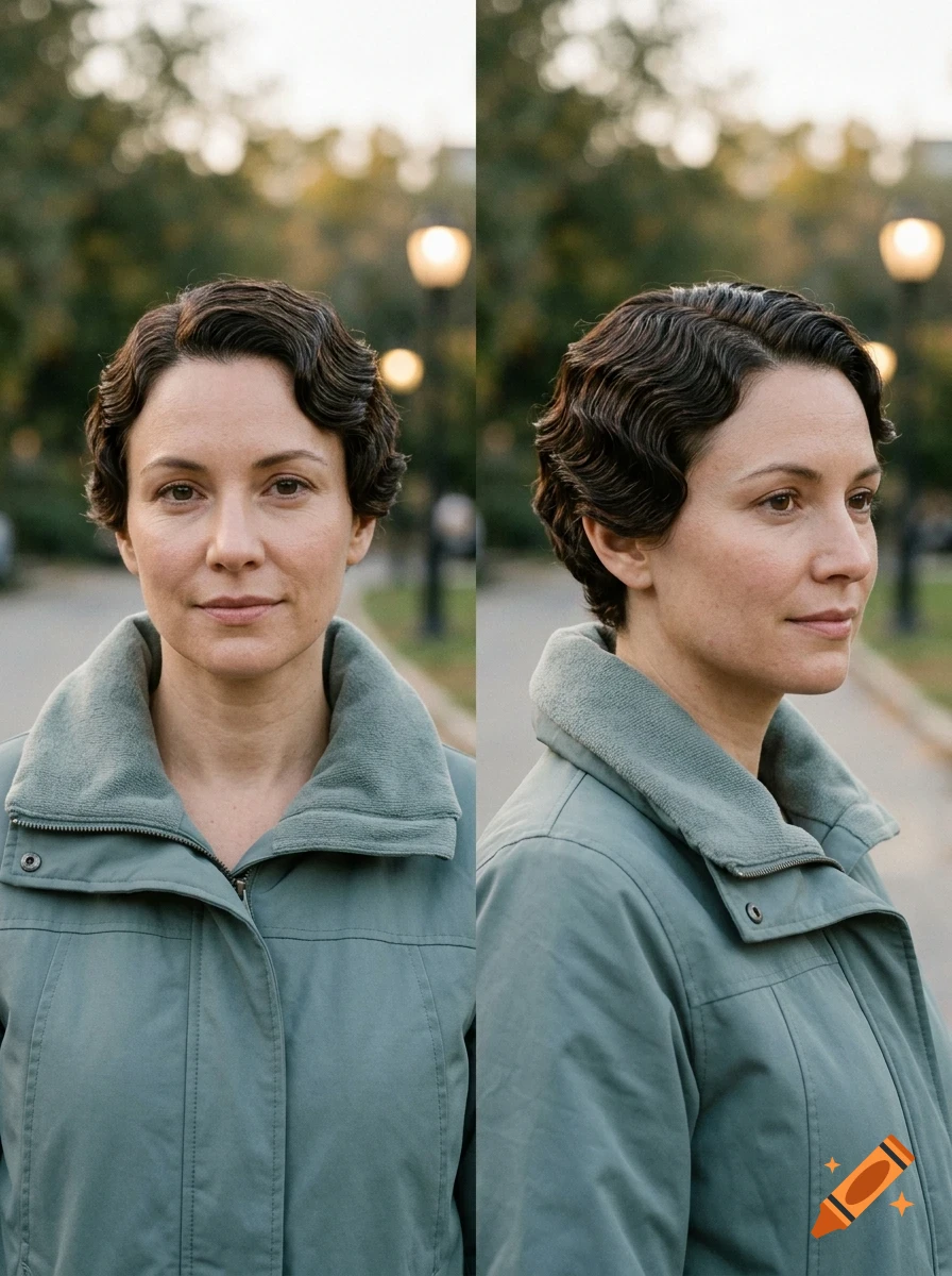 Two-panel portrait of a woman with short dark finger-waved hair wearing a teal winter jacket outdoors.