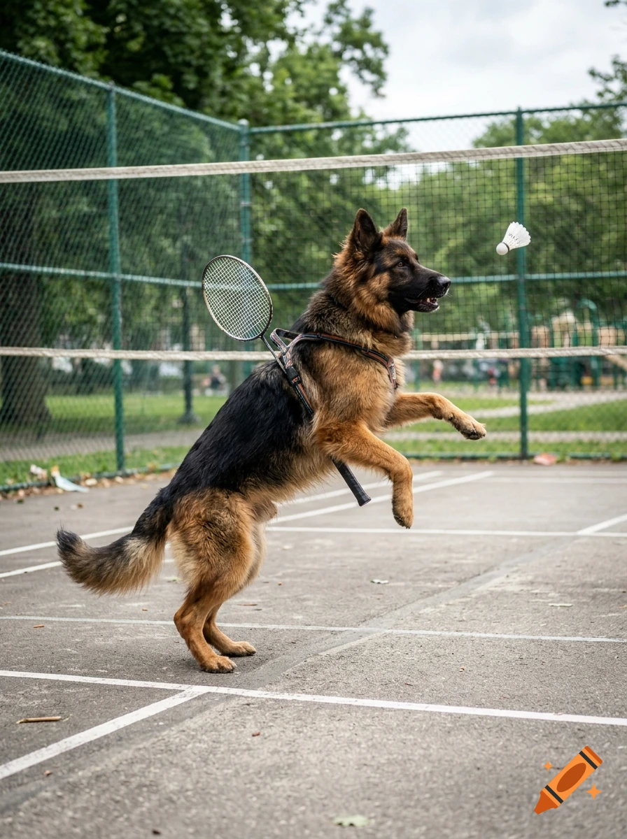 Photorealistic image of a German Shepherd standing on its hind legs on a tennis court, playing badminton with a racket strapped to its back.
