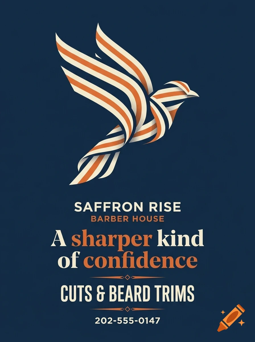 A stylized graphic of a bird in flight above text reading 'Saffron Rise Barber House', 'A sharper kind of confidence', 'Cuts & Beard Trims', and a phone number.