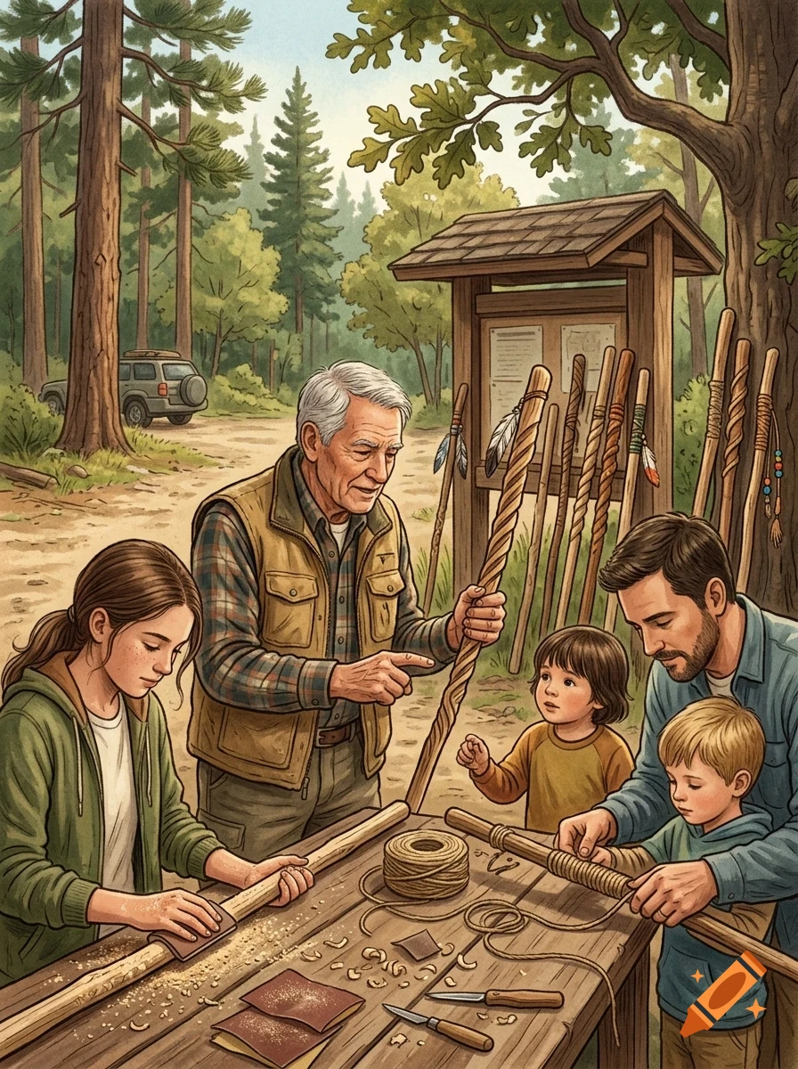 An older man, a younger woman, a man, and two children working together on carving wooden walking sticks at a wooden table in a forest.