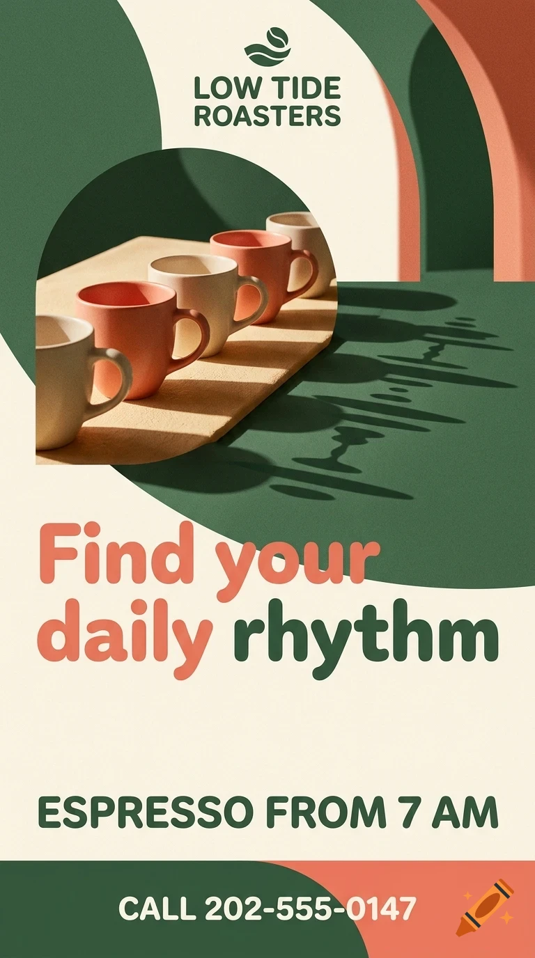 A poster featuring coffee mugs lined up on a tray, with text reading Low Tide Roasters and Find your daily rhythm.