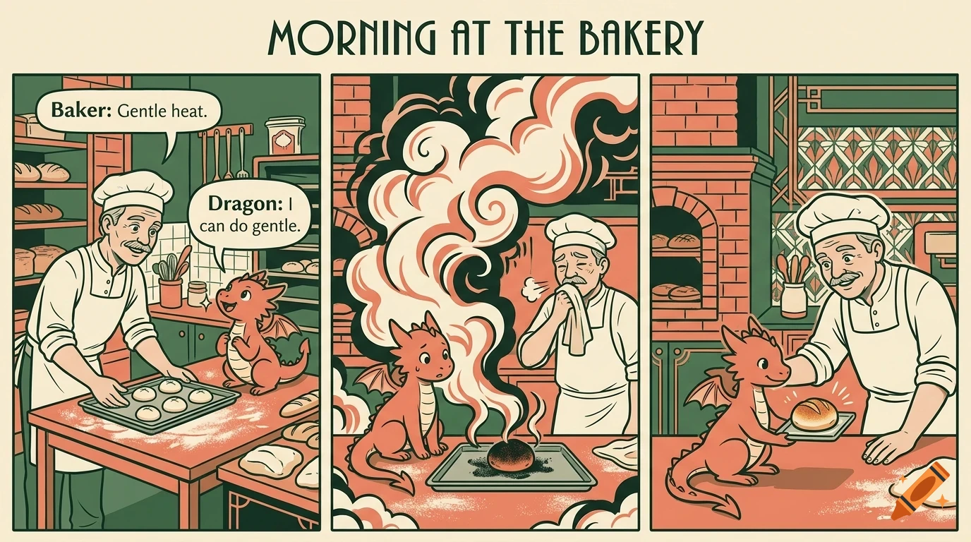 A comic strip titled MORNING AT THE BAKERY featuring a baker and a small red dragon in a kitchen.