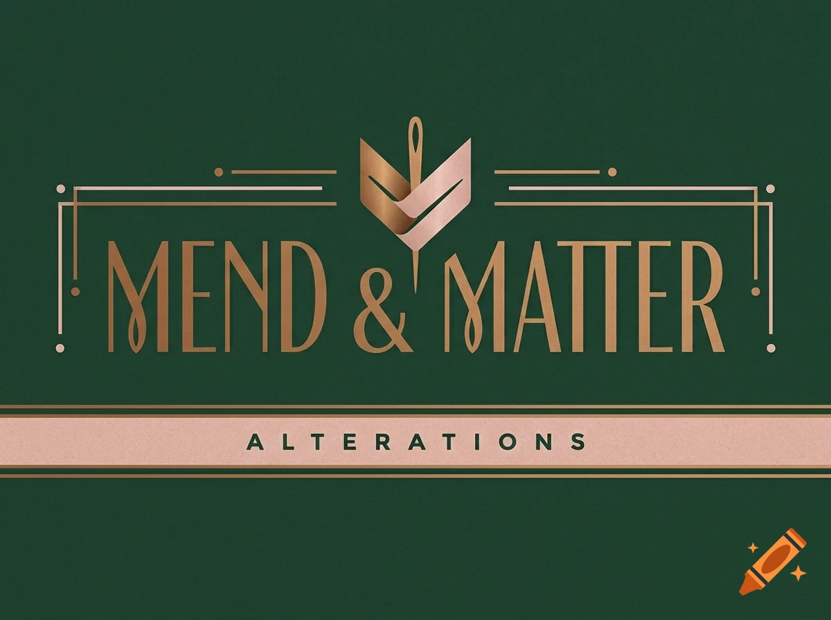 A logo for Mend & Matter Alterations featuring gold and rose gold geometric needle and leaf elements with the text MEND & MATTER on a dark green background.