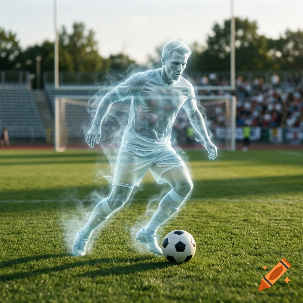 A translucent ghost-like male soccer player dribbling a soccer ball on a green field in a stadium.