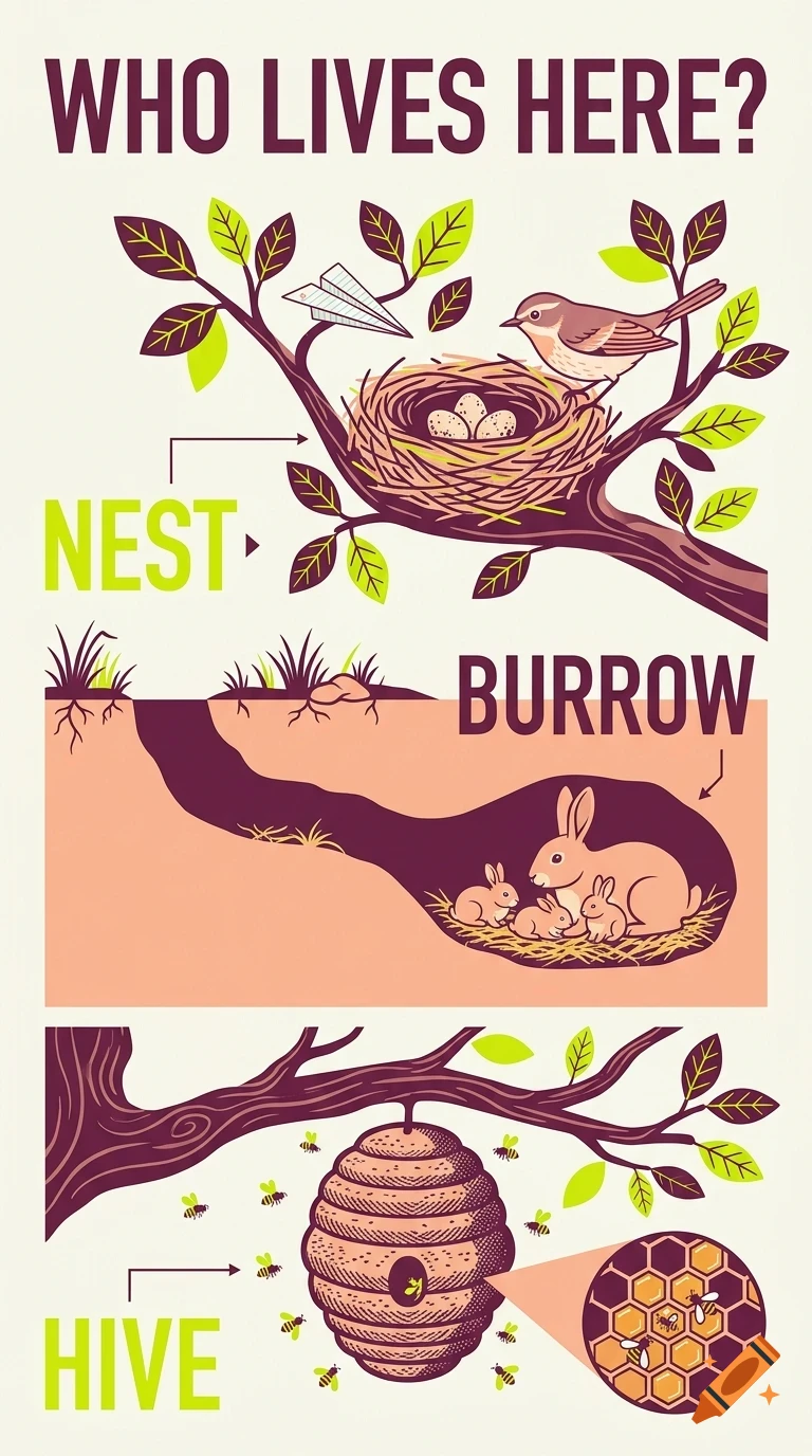 An educational diagram asking Who Lives Here? showing a nest with eggs on a tree branch, a rabbit burrow underground, and a bee hive.