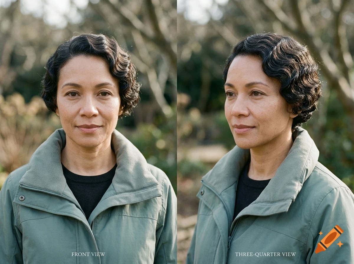 Front and three-quarter view portraits of a woman with short dark wavy hair wearing a green jacket.