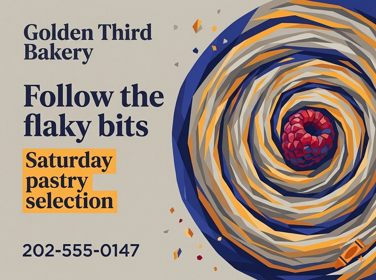 An artistic poster with the text Golden Third Bakery and a swirling pastry design featuring a single raspberry.
