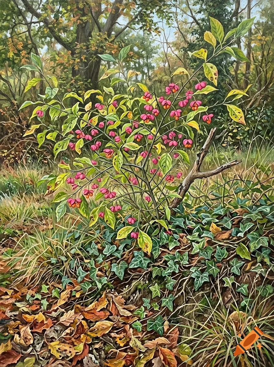 An oil painting of a bush with pink and orange spindle berries, surrounded by ivy and fallen autumn leaves in a forest.