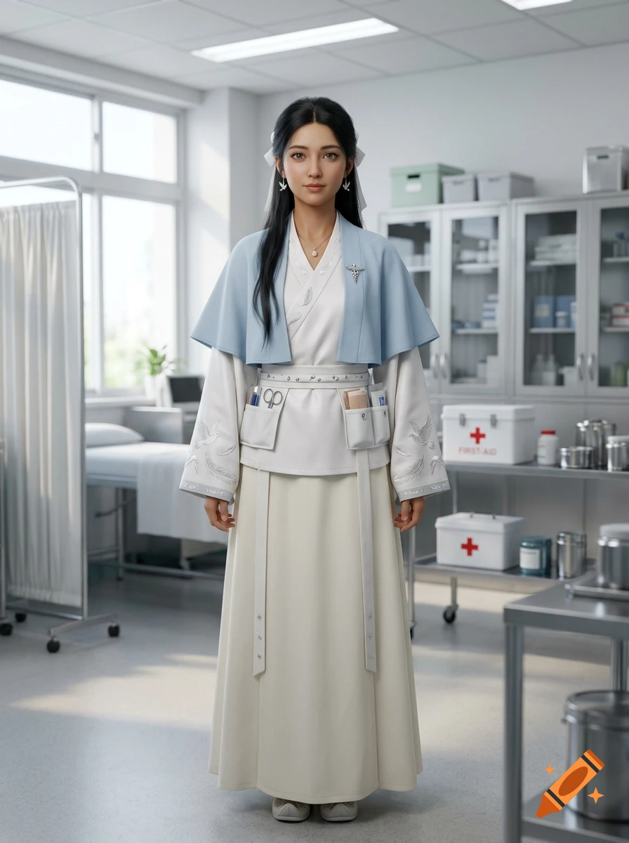 Full-body shot of a young Asian woman in a nurse-inspired hanfu uniform standing in a clean hospital room.