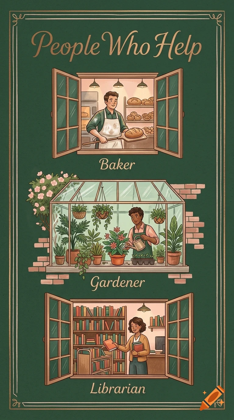 Illustration showing three community helpers in separate windows: a baker in a bakery, a gardener in a greenhouse, and a librarian with books.