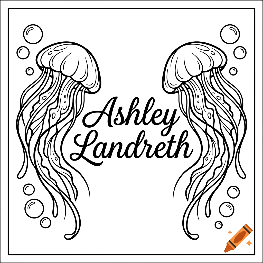 Black and white line drawing of two jellyfish with bubbles and the text Ashley Landreth in the middle