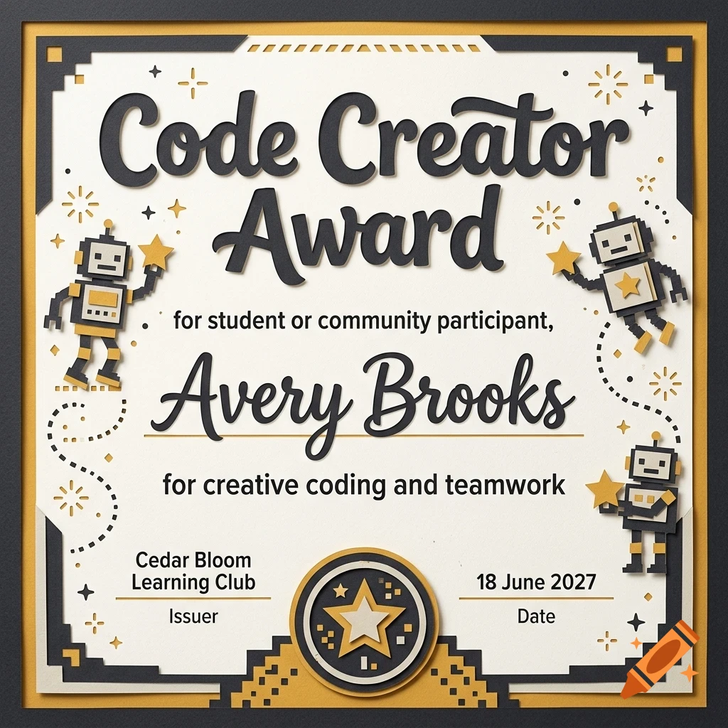 Code Creator Award certificate featuring layered papercraft design with robots, stars, and typography.