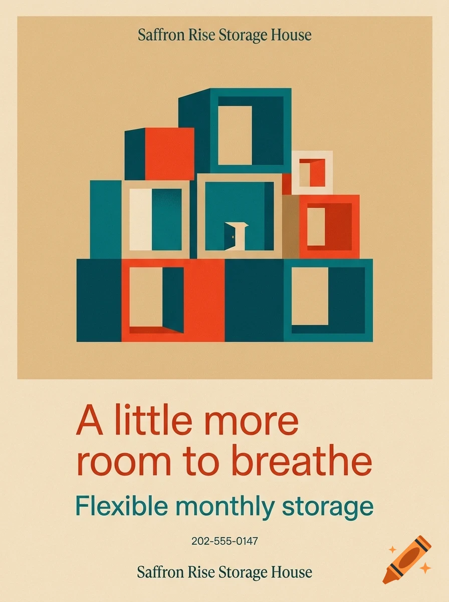 An advertisement for Saffron Rise Storage House featuring an illustration of stacked colorful storage cubes and text reading A little more room to breathe.