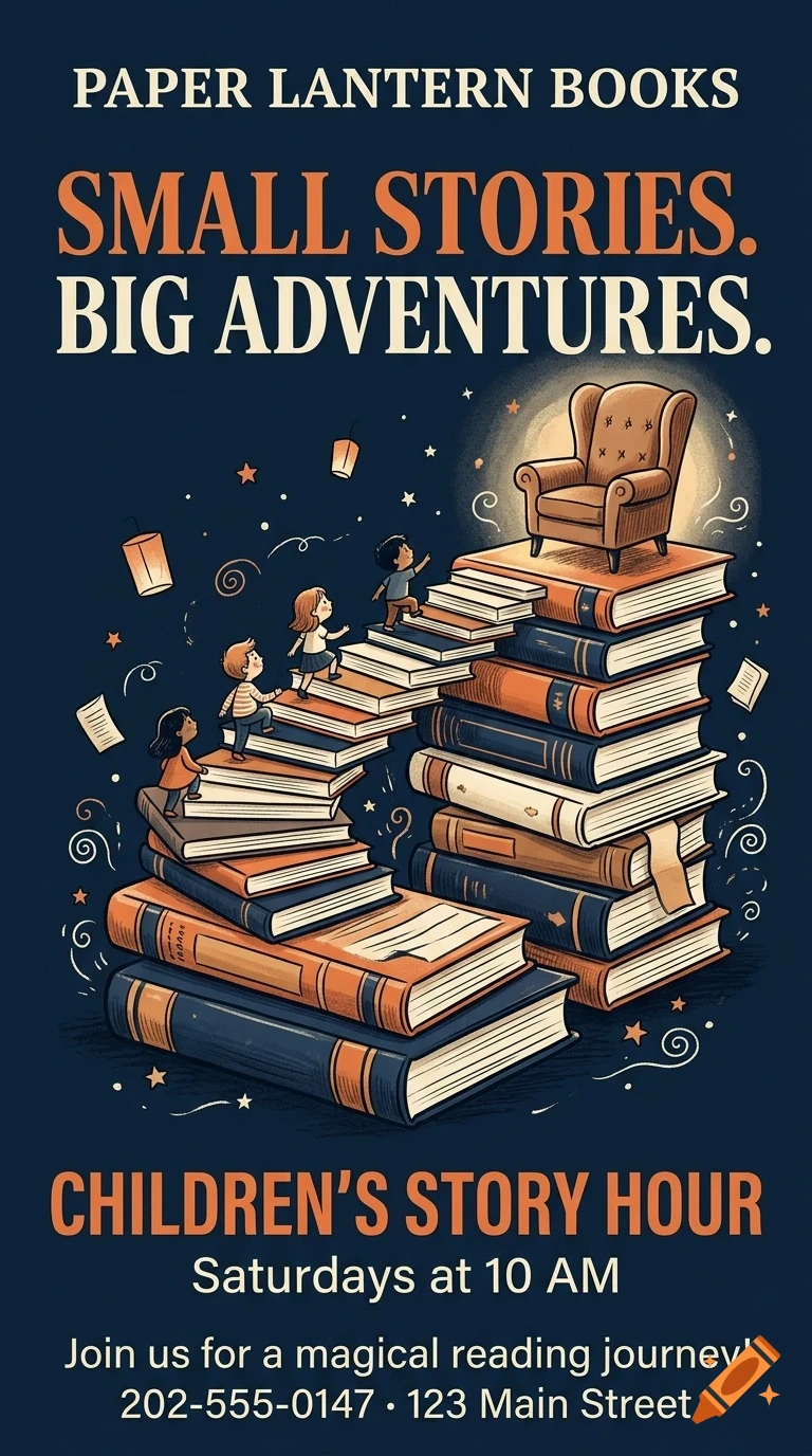 An illustrated poster for Paper Lantern Books showing children climbing stairs made of books toward an armchair under a lit lantern, with text below.