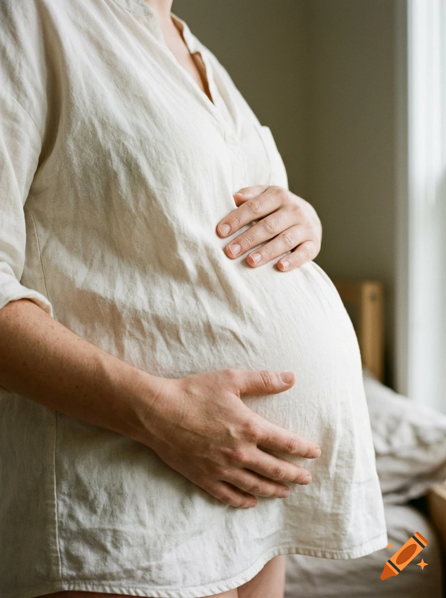 Close-up of a pregnant person wearing a light-colored linen shirt, holding their belly with both hands.