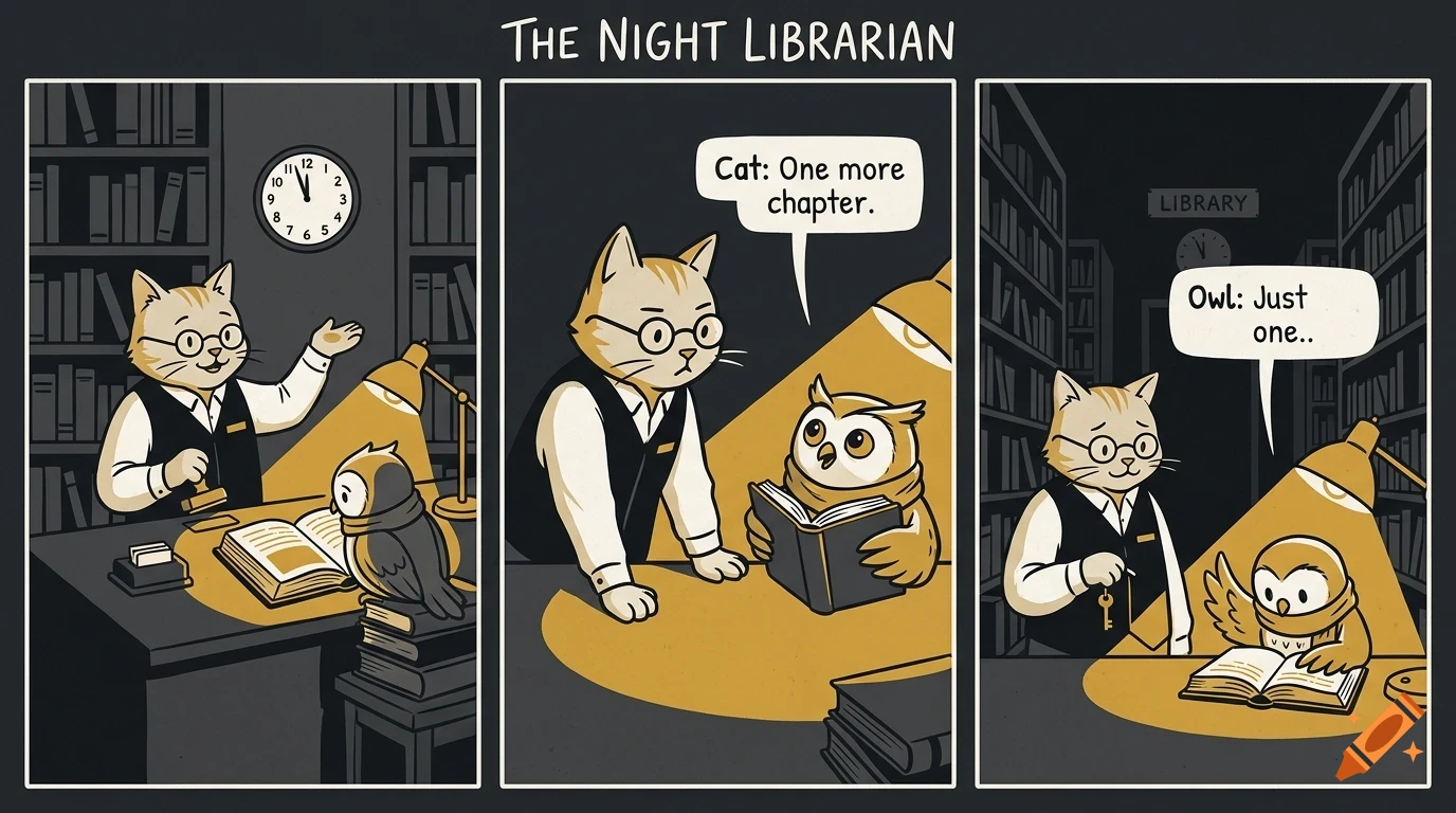 A three-panel comic titled 'The Night Librarian' featuring an anthropomorphic cat librarian wearing glasses and an owl reading a book in a library at night.