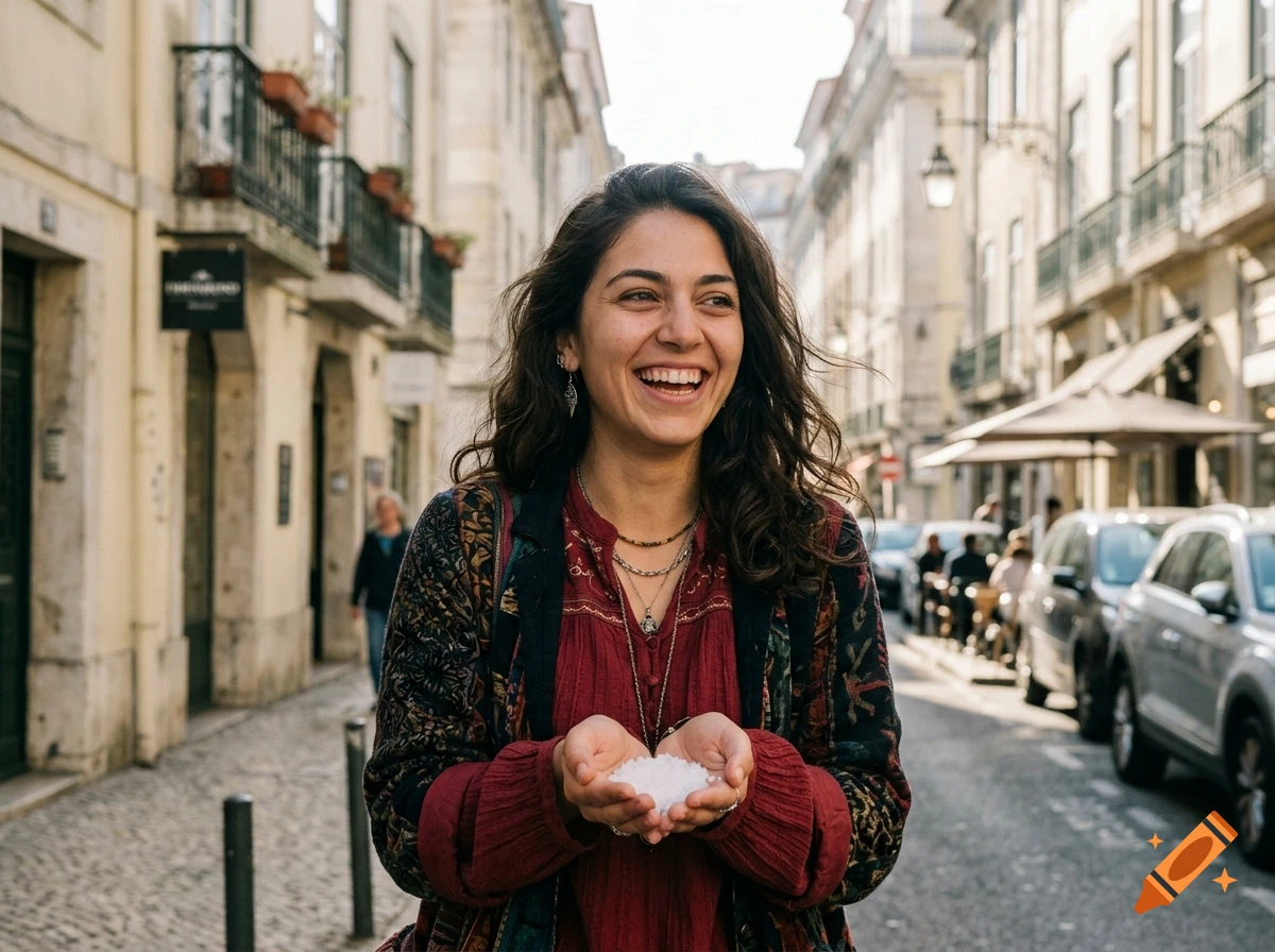 A young smiling woman holding salt in her hands in the middle of a sunny European street, photorealistic.