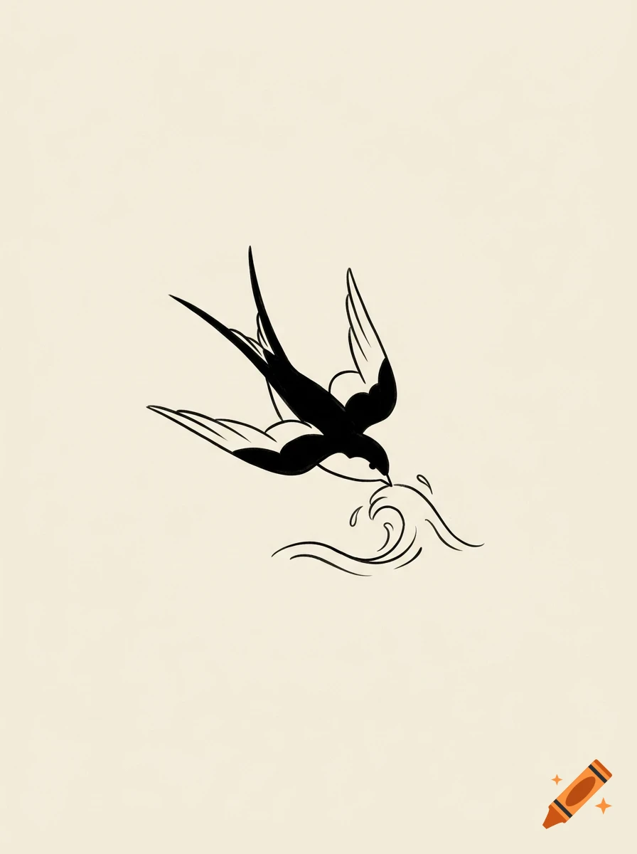 A minimalist black line art illustration of a swallow diving towards a small wave.