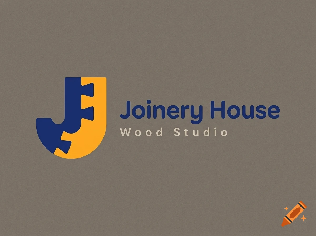 A logo for Joinery House Wood Studio featuring a stylized letter J made of interlocking wood joint shapes in blue and yellow on a gray background.