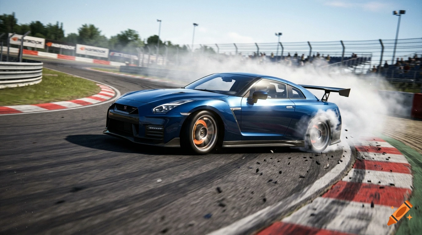 A blue sports car drifting on a race track with smoke billowing from its tires, photorealistic style.