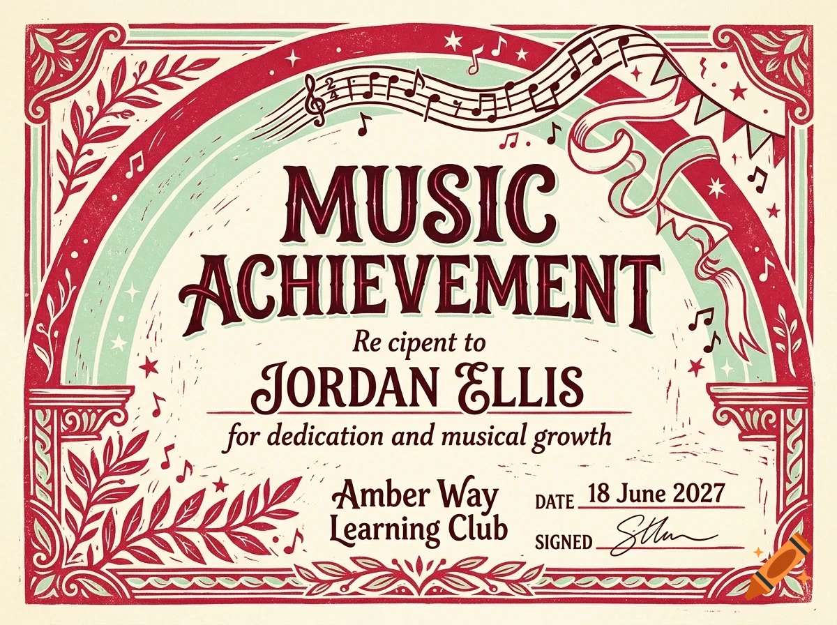 A vintage-style certificate titled Music Achievement, awarded to Jordan Ellis for dedication and musical growth, featuring decorative red and green borders and musical notes.