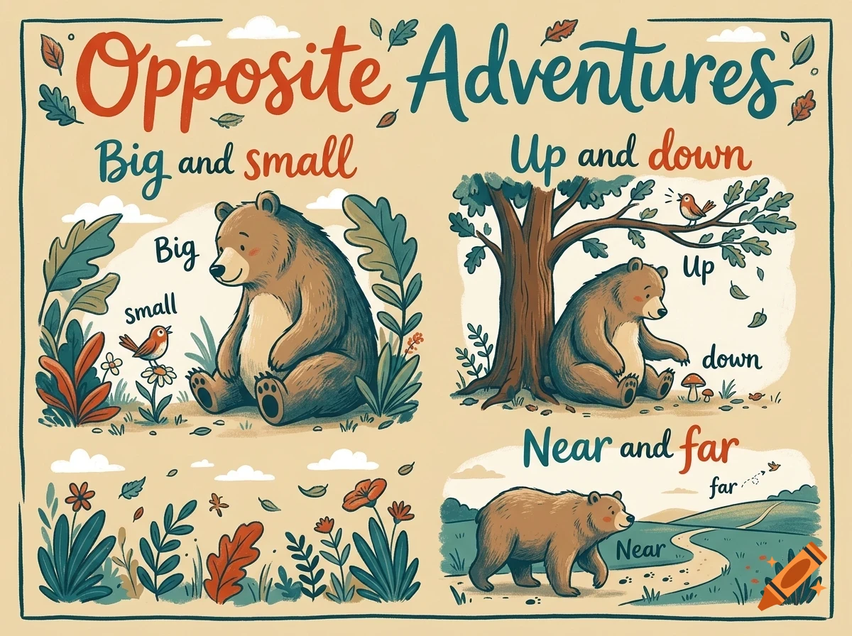 An educational illustration titled Opposite Adventures showing bears and birds depicting concepts like big and small, up and down, and near and far.