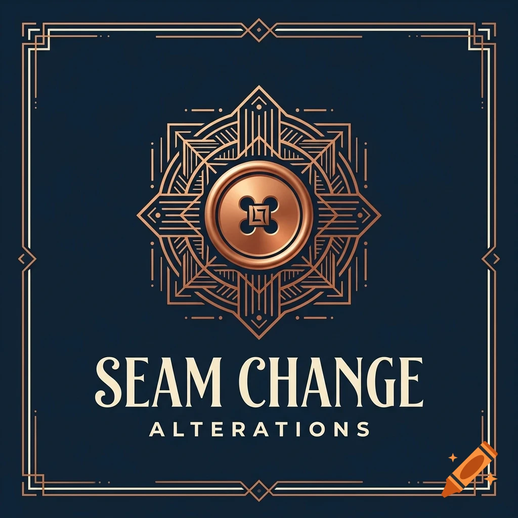 An Art Deco style logo featuring a bronze sewing button surrounded by geometric patterns and the text Seam Change Alterations.