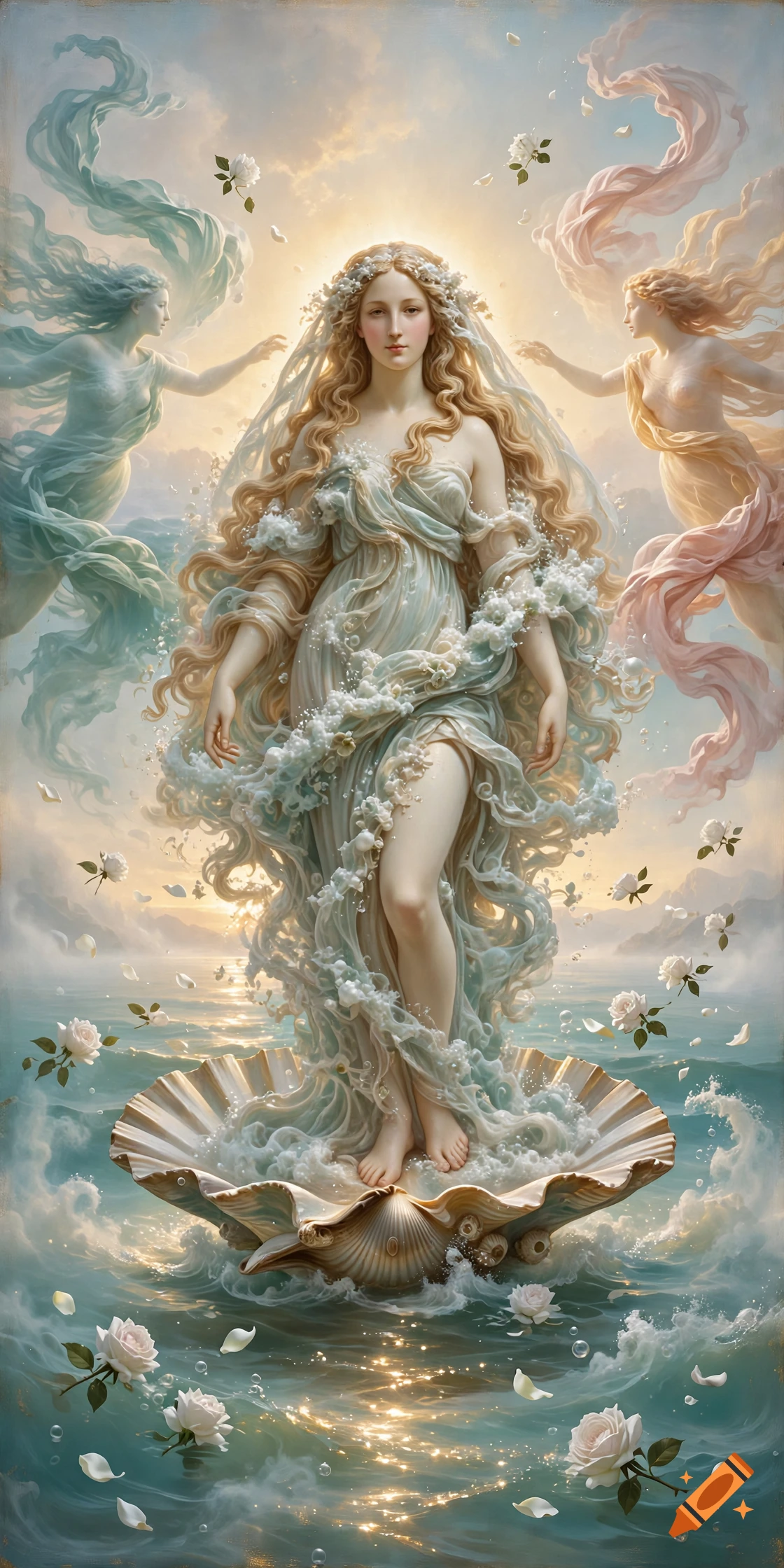 Digital painting of the birth of Venus, a woman standing in a giant seashell on the ocean, surrounded by swirling fabrics, roses, and ethereal figures.