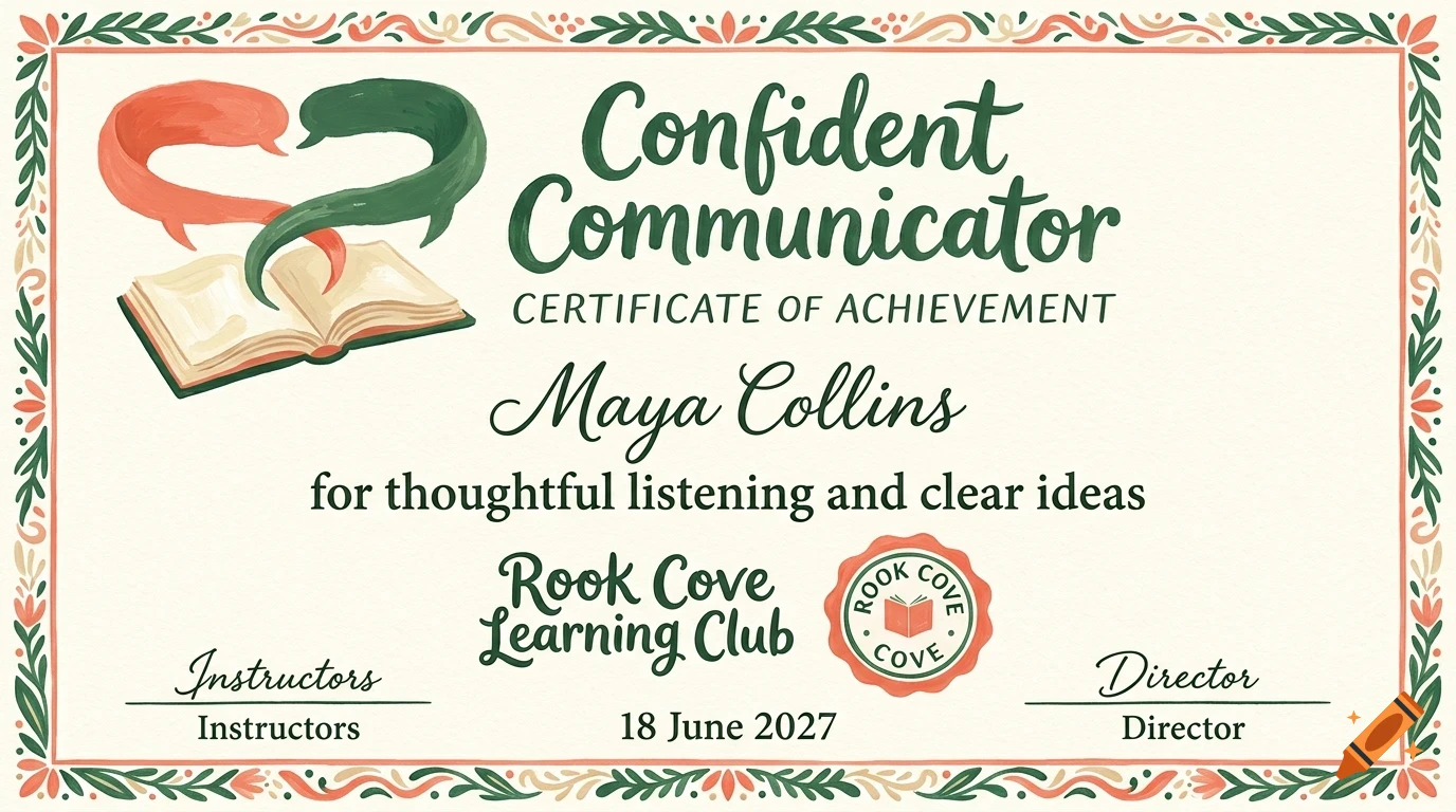 An illustrated achievement certificate for Confident Communicator awarded to Maya Collins by Rook Cove Learning Club.