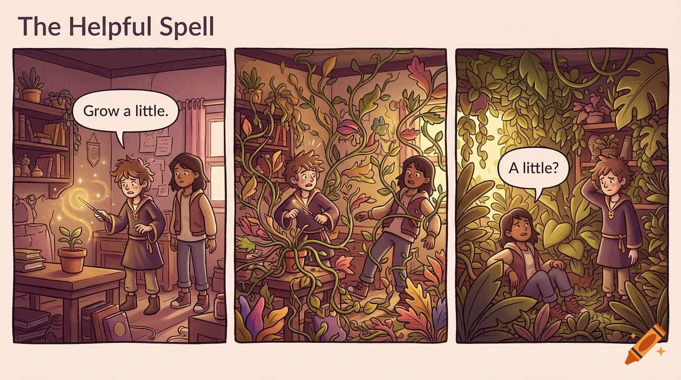 A three-panel comic titled The Helpful Spell showing a young boy casting a spell to grow a plant, which rapidly overtakes the room.