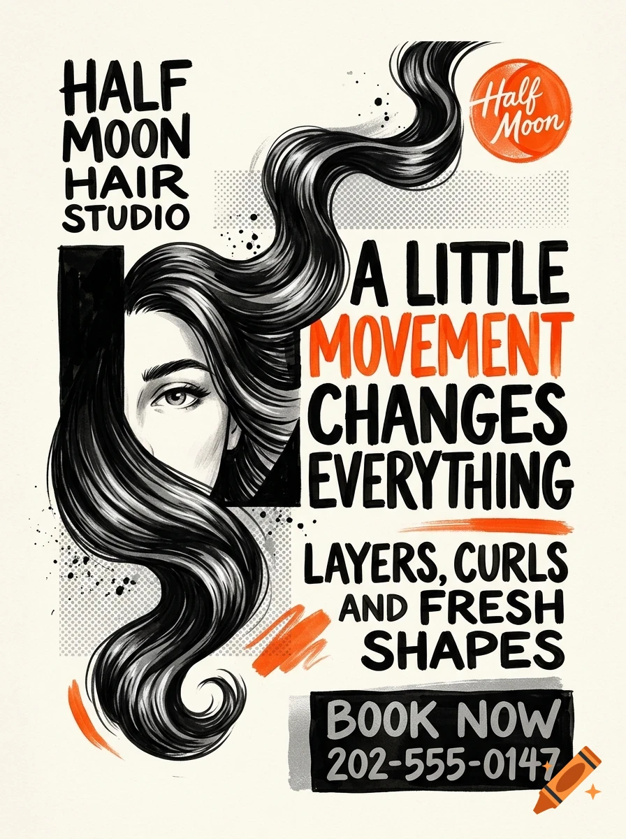 An illustrated promotional poster for a hair salon featuring a partial portrait of a woman with long flowing hair, bold lettering, and orange accents.